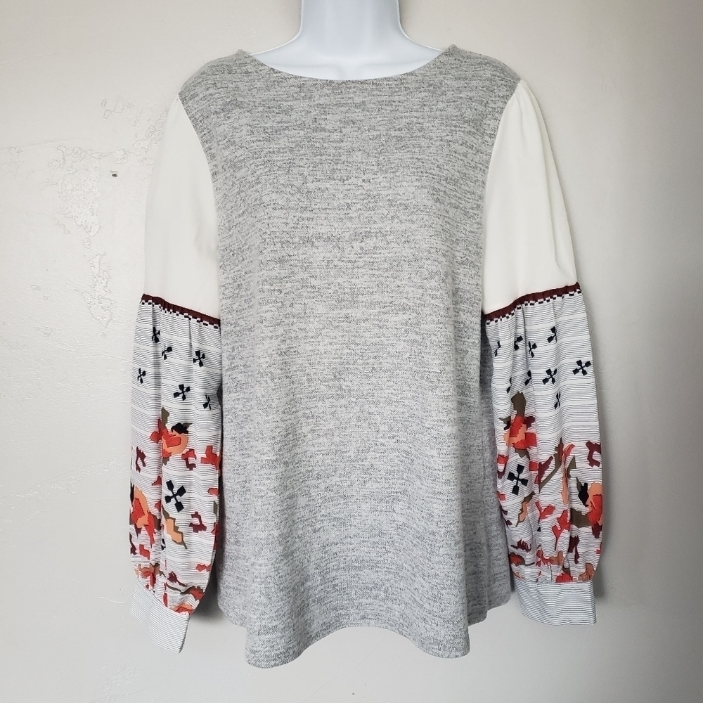 Women's Large Long Sleeve Blouse Grey Balloon Sleeve Floral Stripes White Boho